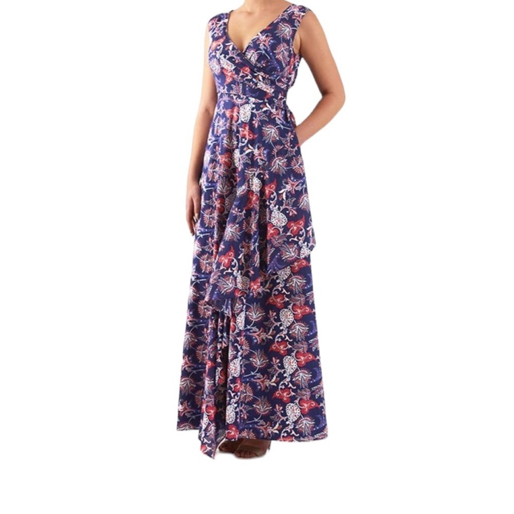 eShakti Ruffle Front Floral Print Cambric Maxi Dress size Large 14